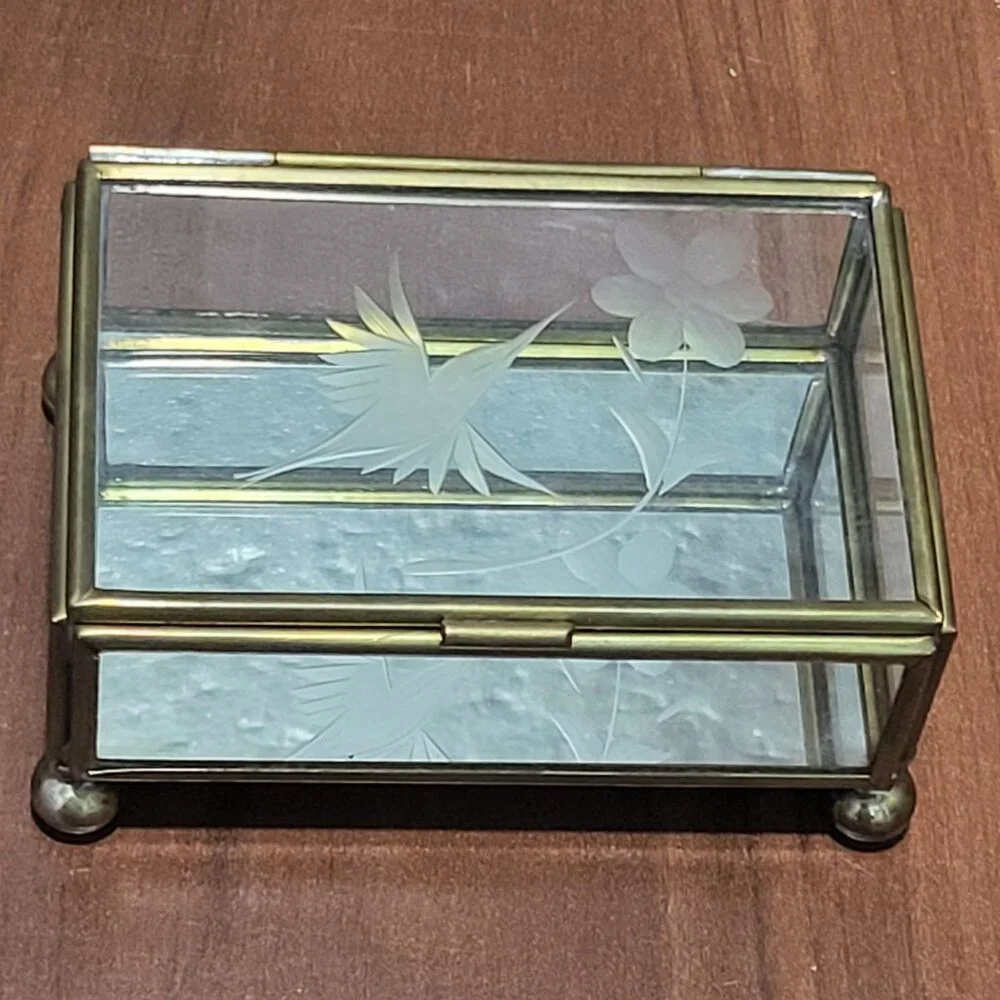 Vintage Trinket Box Hinged Lid Etched Bird Flower Glass Brass Trim Footed Jewelr